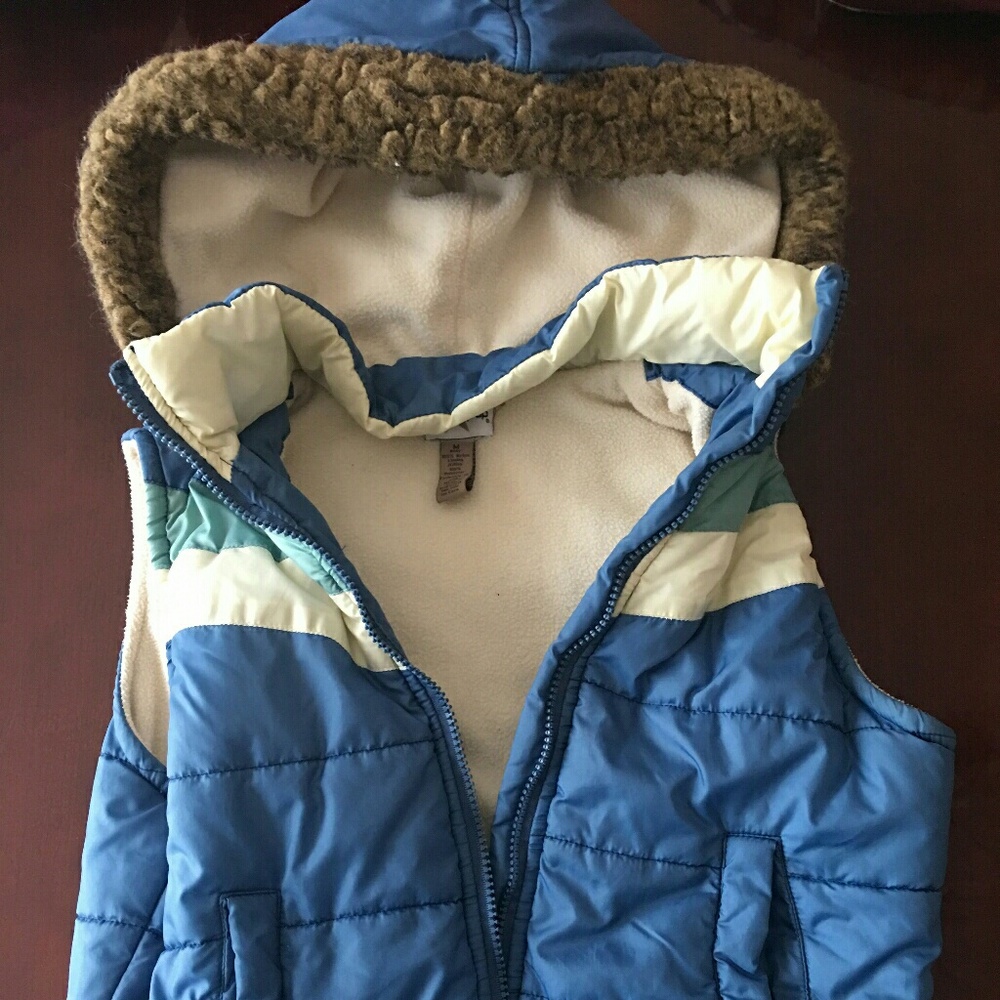 Vintage Blue, Green, White and Fur Vest Jacket